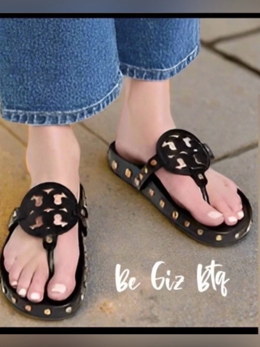 🔥🔥NWT Authentic Tory Burch Miller Cloud  Gold Coin Thong Sandals Black  11 M